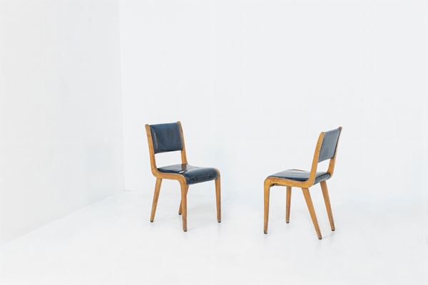 Pair of Italian Vintage Armchairs in Blue Leather