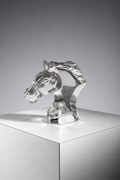 Scultura in vetro, testa di cavallo (XX secolo) – firmata e timbrata Francia