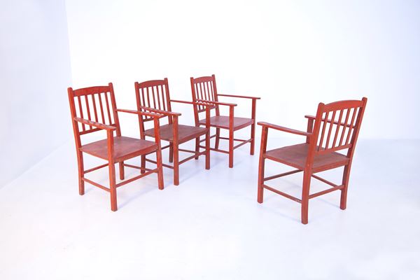 Set of Vintage Chairs in Red Wood
