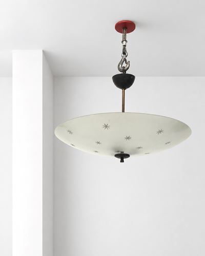 Lampadario (struttura in ottone e vetro, tre luci)