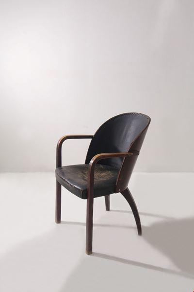Rara sedia/poltroncina con etichetta, legno e pelle
