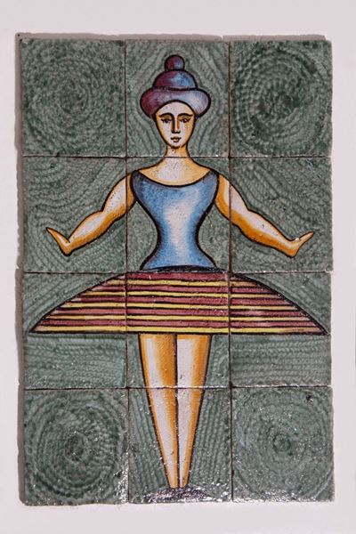 Piastrelle decorative in ceramica con figura di ballerina, stile ispirato a Oskar Schlemmer
