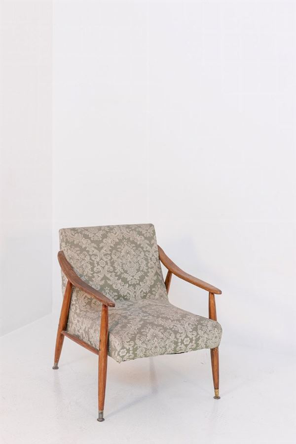 Nordic Armchair in Wood and Damask Fabric