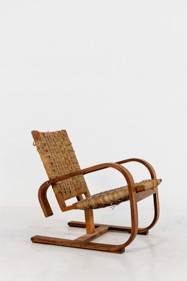 Giuseppe Pagano - Poltrona Vintage in Legno e Vimini (Attr.)