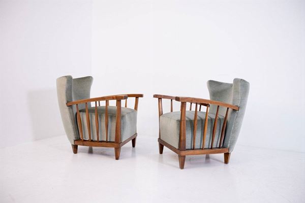 Maurizio Tempestini - Pair of Vintage Armchairs in Wood and Fabric
