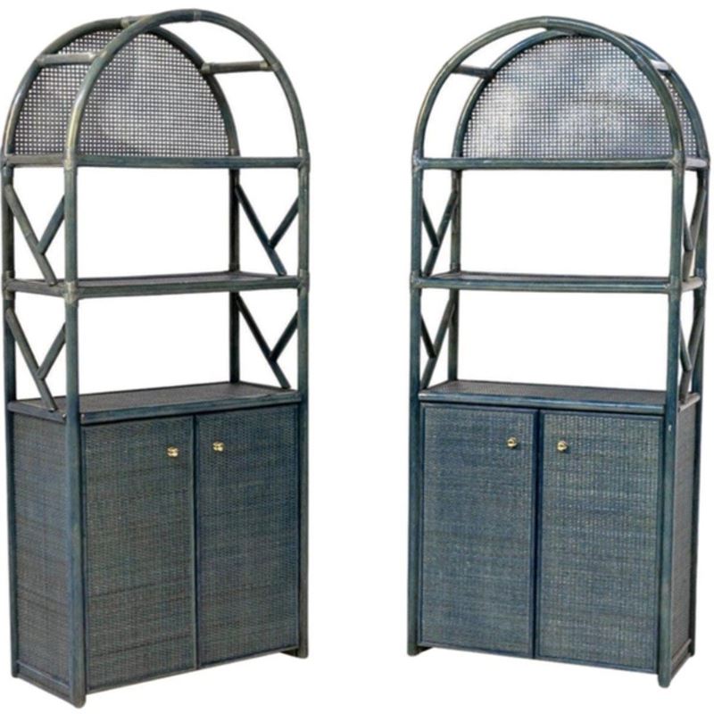 Librerie Italiane in Bambù Laccato Blu, Rattan e Ottone
