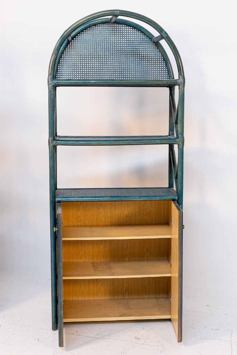 Librerie Italiane in Bambù Laccato Blu, Rattan e Ottone