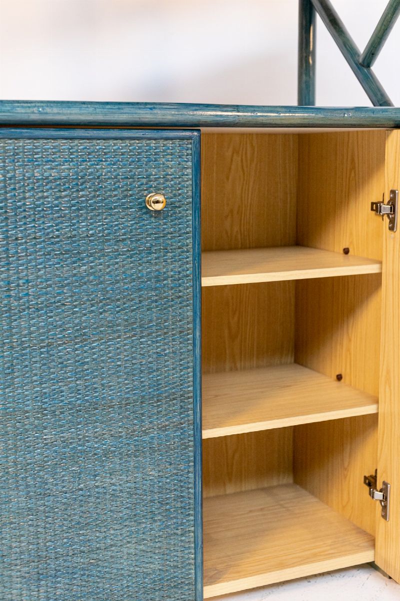 Librerie Italiane in Bambù Laccato Blu, Rattan e Ottone