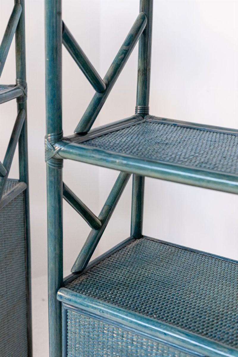 Librerie Italiane in Bambù Laccato Blu, Rattan e Ottone