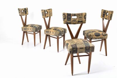 Set di Quattro Sedie in Legno con Tessuto Originale