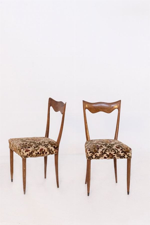 Pair of Italian vintage chairs in wood and decorated fabric