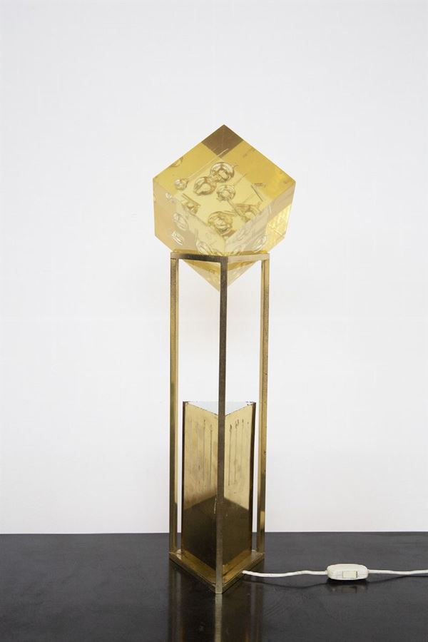 Space Age Triangular Brass Lamp with Plexi Cube