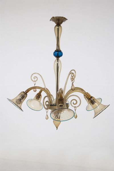 Lampadario in Vetro di Murano Ambrato con Bordi Blu di Cappellin