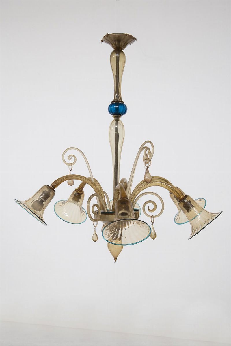 Lampadario in Vetro di Murano Ambrato con Bordi Blu di Cappellin