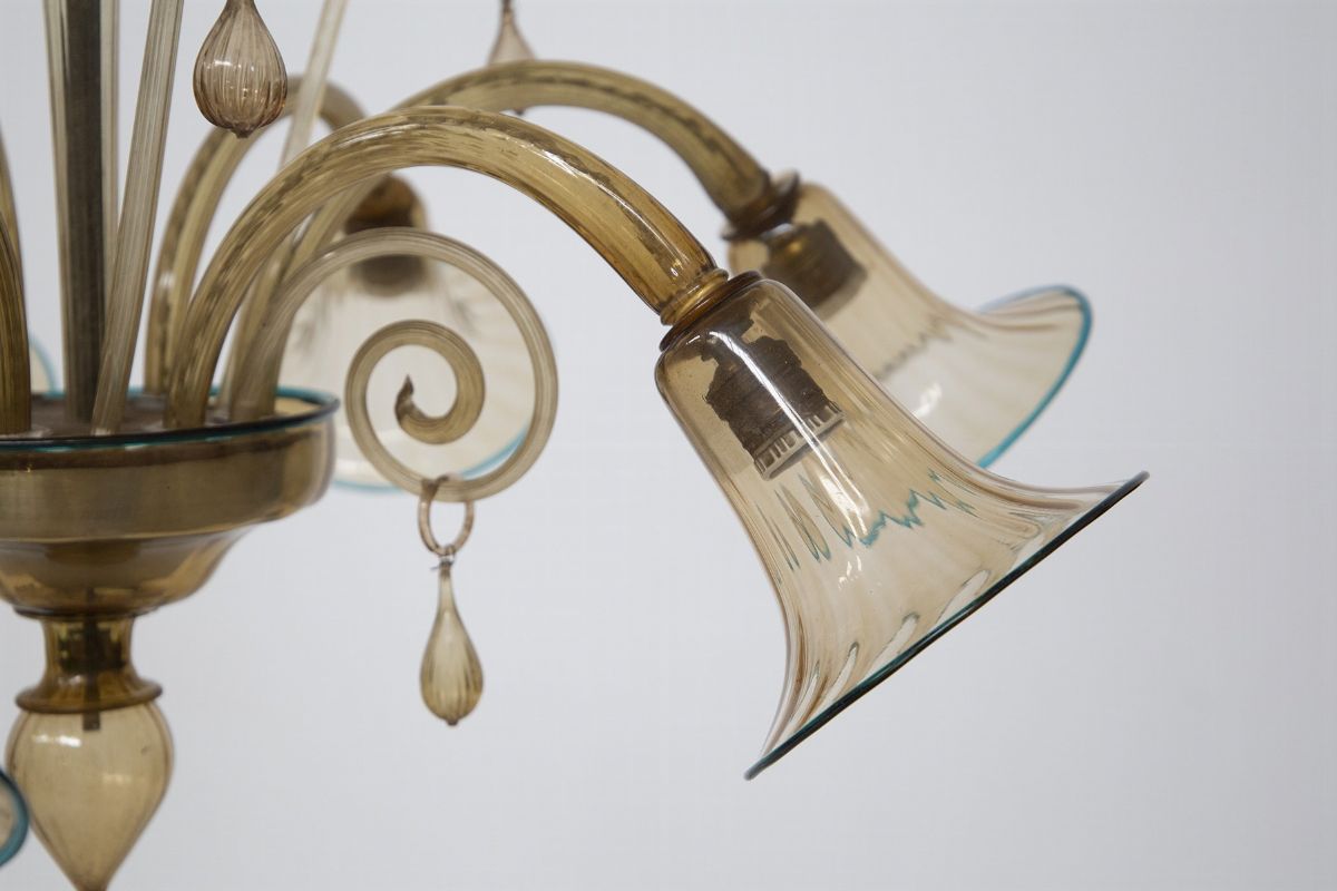 Lampadario in Vetro di Murano Ambrato con Bordi Blu di Cappellin