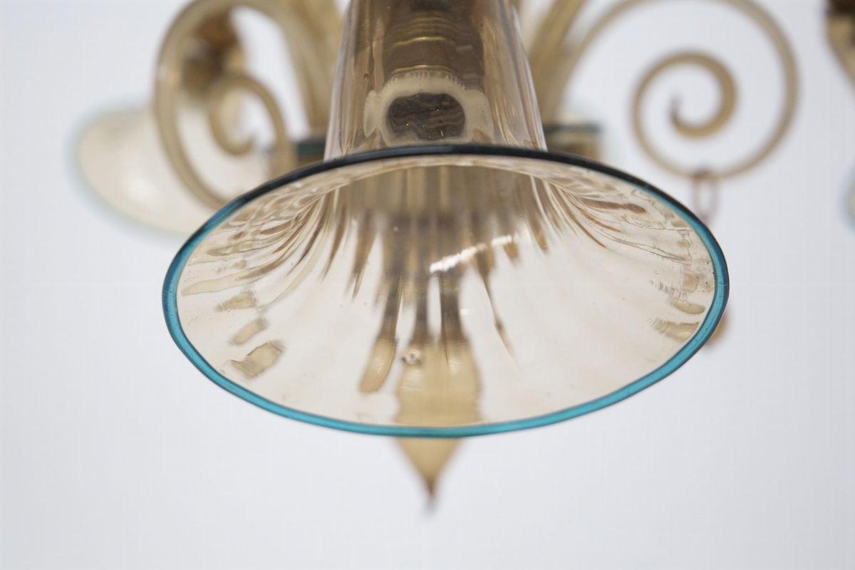 Lampadario in Vetro di Murano Ambrato con Bordi Blu di Cappellin