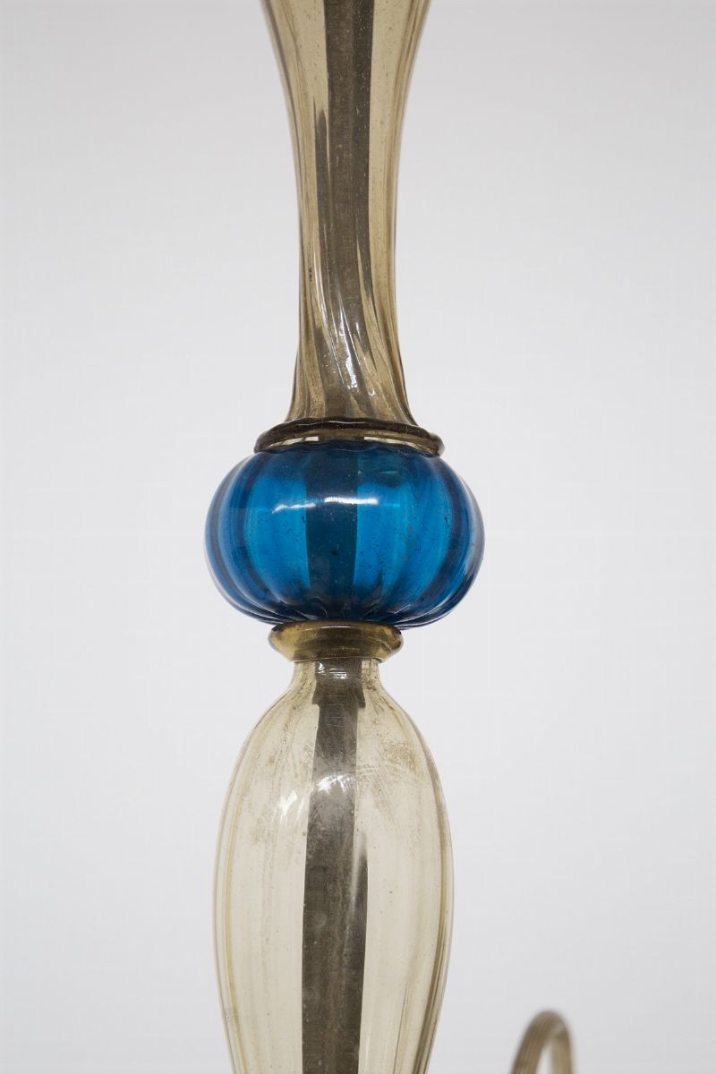 Lampadario in Vetro di Murano Ambrato con Bordi Blu di Cappellin