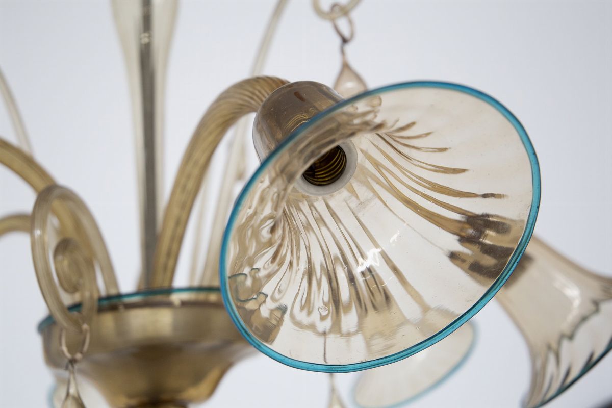 Lampadario in Vetro di Murano Ambrato con Bordi Blu di Cappellin