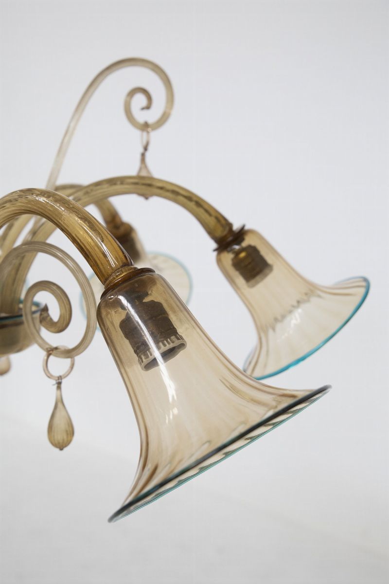 Lampadario in Vetro di Murano Ambrato con Bordi Blu di Cappellin