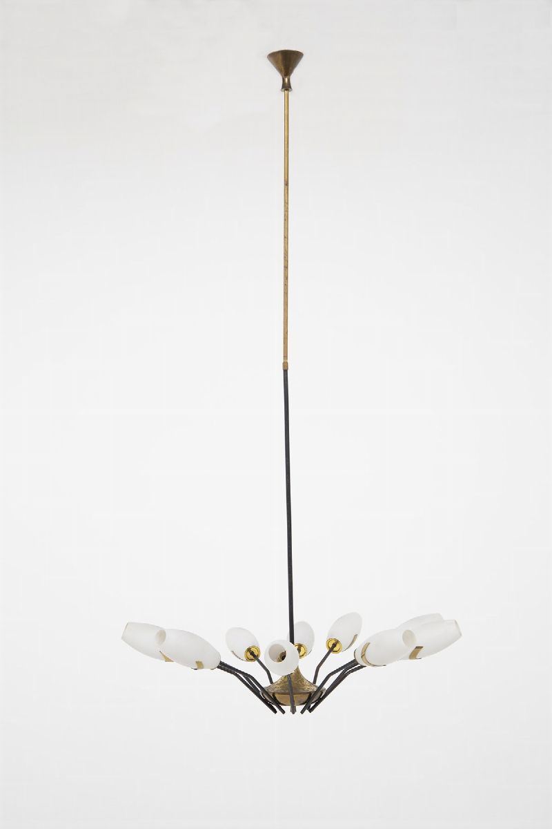 Lampadario Vintage in Vetro e Ottone