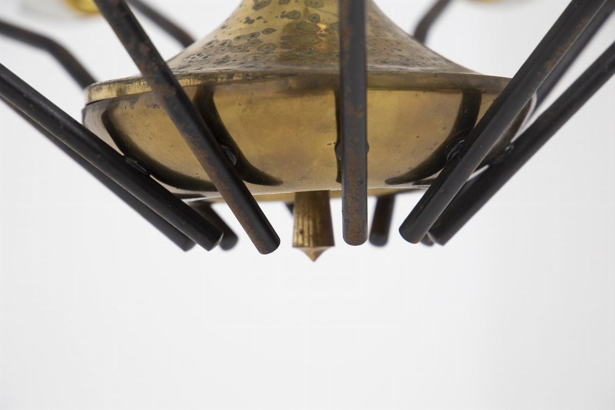 Lampadario Vintage in Vetro e Ottone