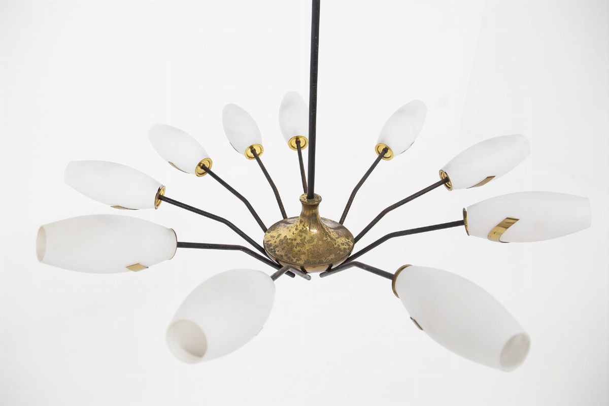 Lampadario Vintage in Vetro e Ottone