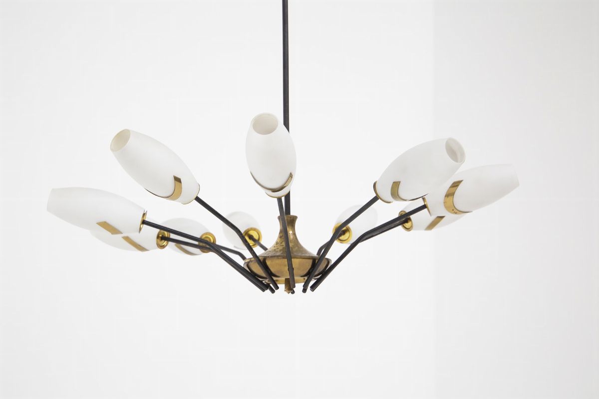 Lampadario Vintage in Vetro e Ottone