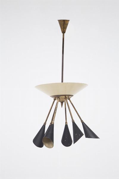Lampadario Italiano in Ottone e Alluminio Verniciato Nero