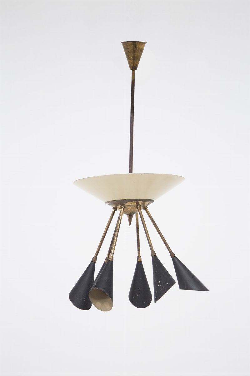 Lampadario Italiano in Ottone e Alluminio Verniciato Nero