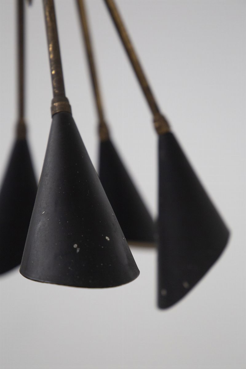 Lampadario Italiano in Ottone e Alluminio Verniciato Nero