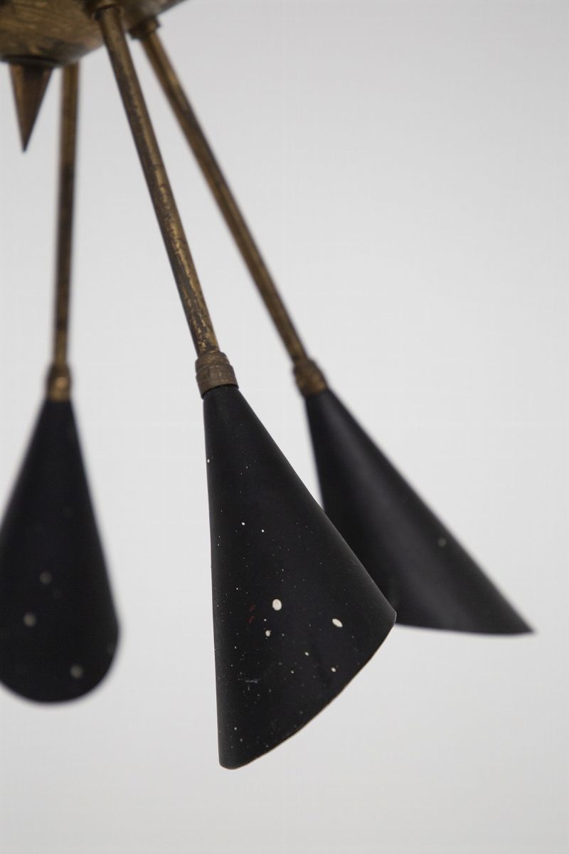 Lampadario Italiano in Ottone e Alluminio Verniciato Nero