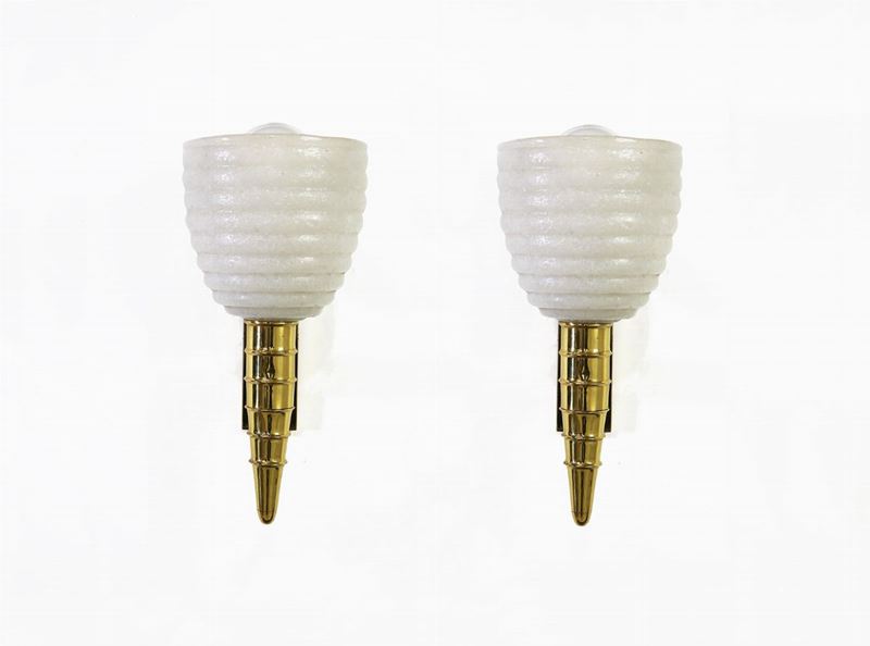 Coppia di Applique Barovier e Toso in Vetro di Murano e Ottone