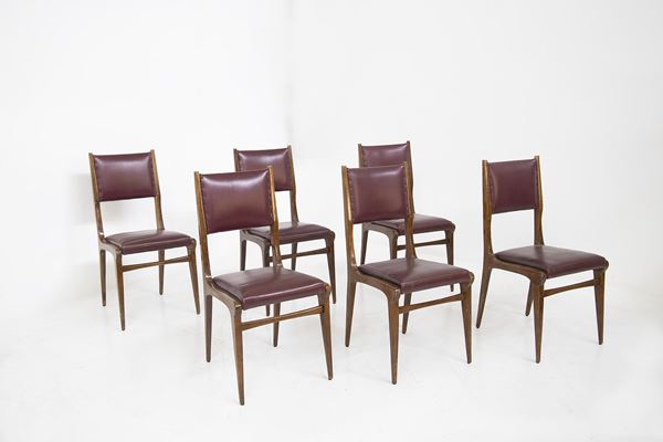 Carlo De Carli - Set of six Italian chairs with original bordeaux leather