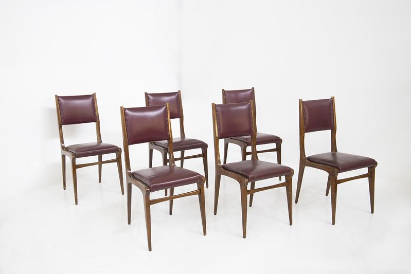 Set di Sei Sedie Italiane con Pelle Originale Bordeaux