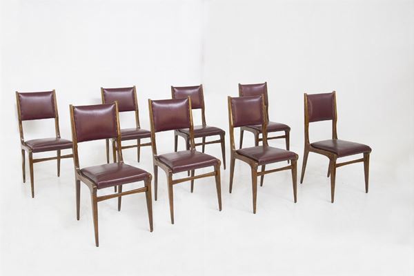 Carlo De Carli - Set of eight Italian chairs with original bordeaux leather