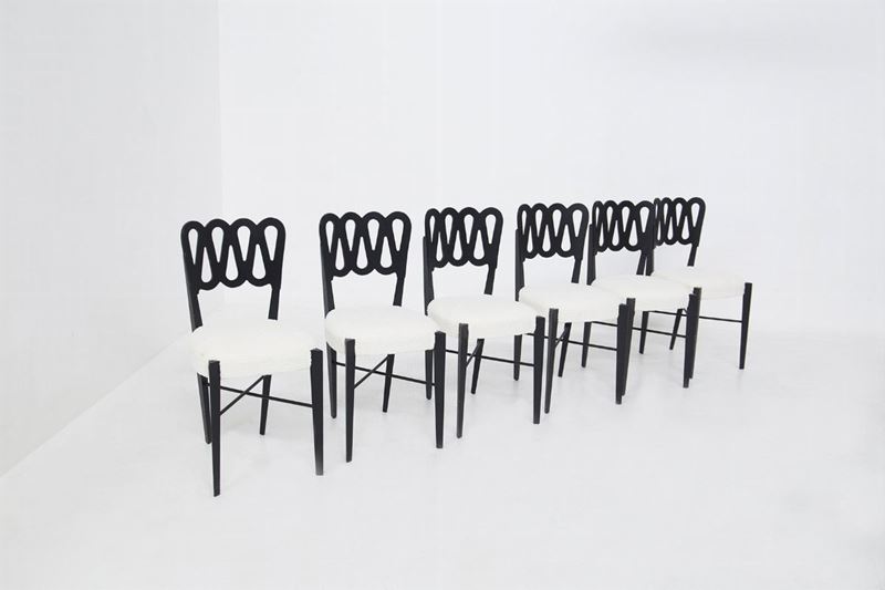 Set di Sei Sedie in Legno Verniciato e Boucle