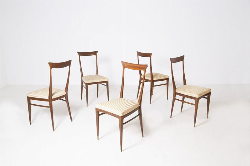 Set of Five Italian Chairs Attr. to Ico Parisi in Wood and Satin
