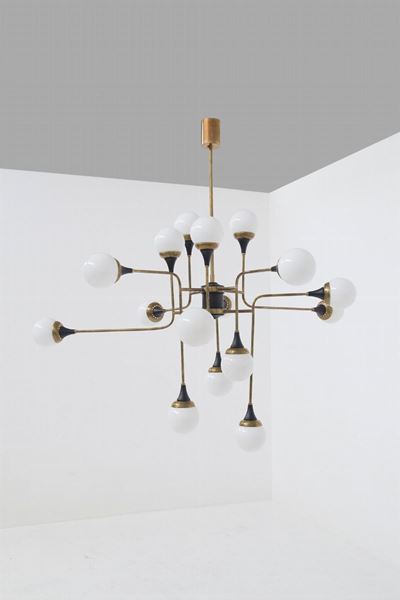 Stilnovo (attr.) Lampadario in Ottone e Vetro