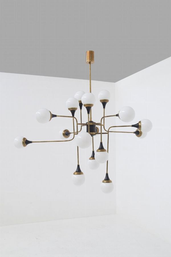 Stilnovo (Attr.) Lampadario in ottone e vetro