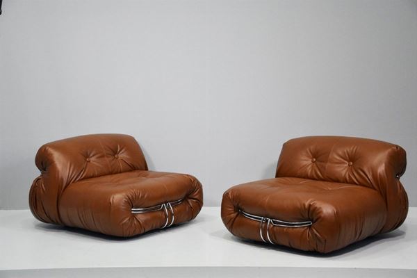Pair of brown leather Soriana Cassina armchairs