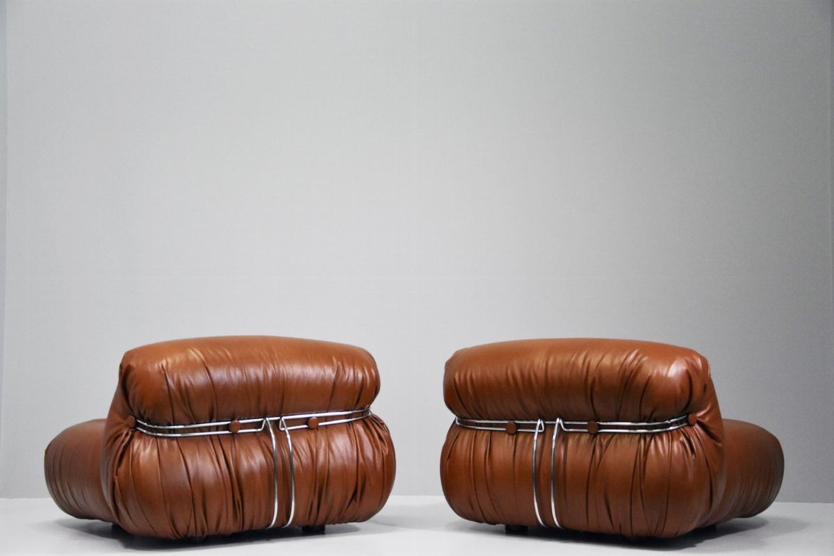 Pair of brown leather Soriana Cassina armchairs