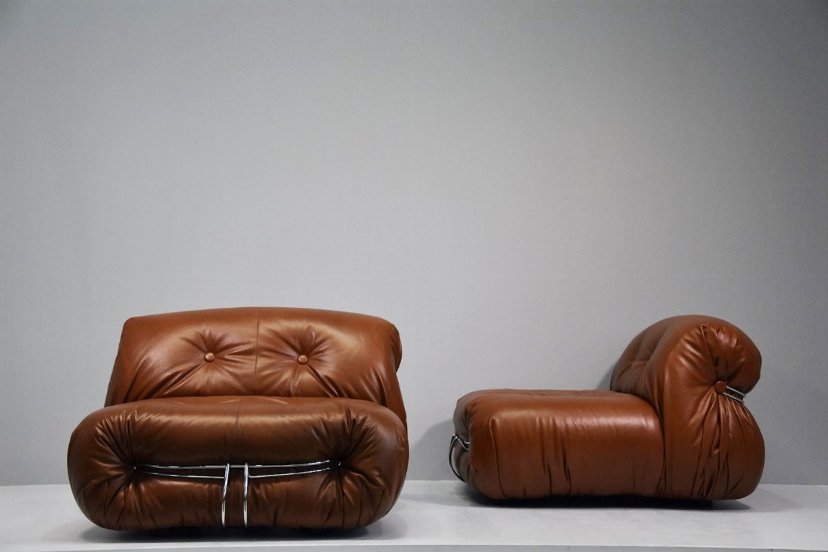 Pair of brown leather Soriana Cassina armchairs