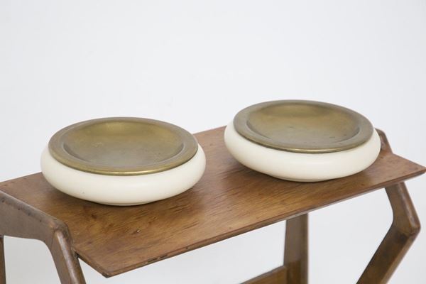 Vintage pair of brass and lacquered metal ashtrays