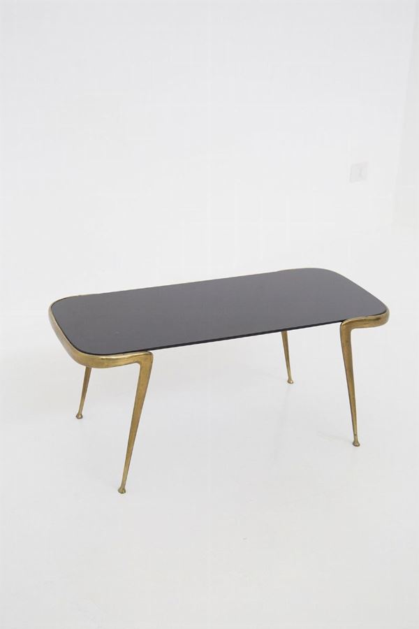 Vintage Table in Black Glass and Brass (Attr.)