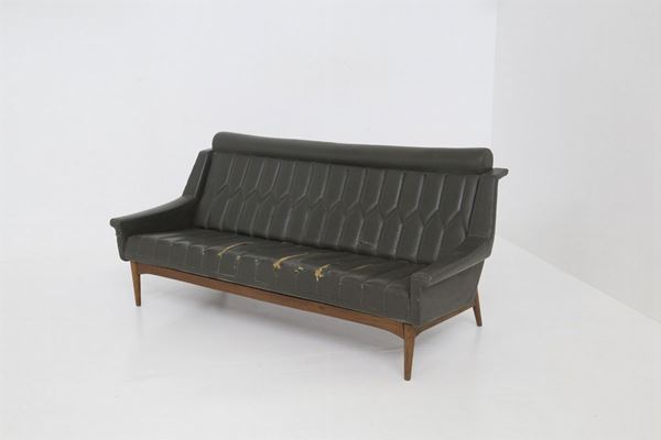 Vintage Sofa in Wood and Black Leather