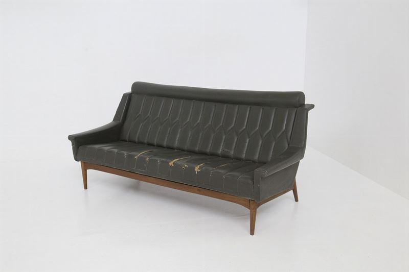 Divano Vintage in Legno e Pelle Nera