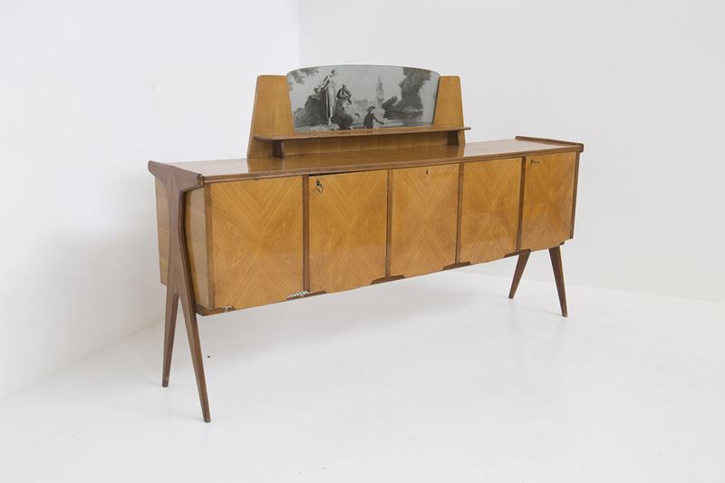 Credenza bar vintage in legno e vetro figurativo