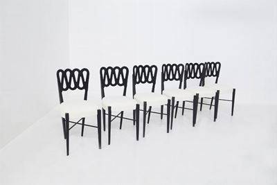 Set di Sei Sedie in Legno Verniciato e Boucle