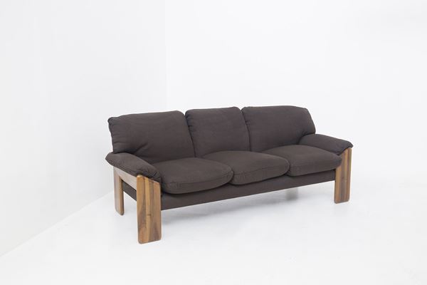 Sapporo Sofa Brown Three-Seat Midcentury in Noble Wood, 1970s