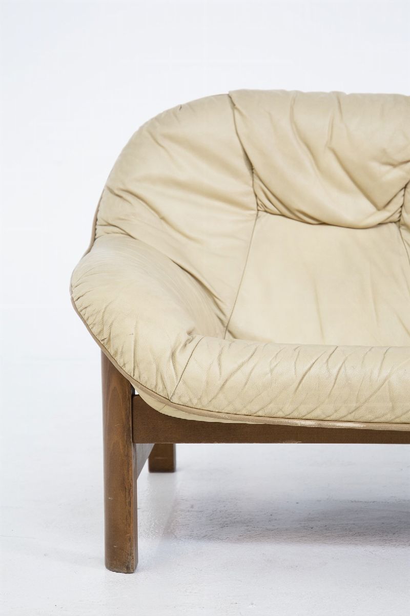 Italian Vintage Sofa in Leather Beige and Wood Two-Seat